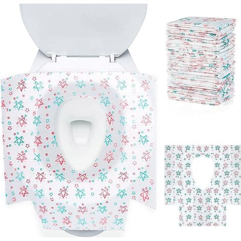 Lot de 24 abattants de toilettes jetables, housses de siège de toilette portables, dimensions 65 x 60 cm, emballées individuellement, antidérapantes, pour adultes et enfants. (1/5)