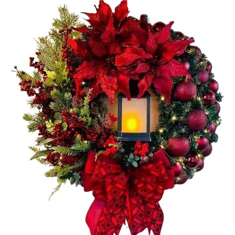 Guirlande De Noël Éclairée - Couronne Artificielle Rouge Avec Nœud Ruban Baies Et Boules - Pour Porte Fenêtre Intérieur Extérieur - 1 Pièce (1/5)