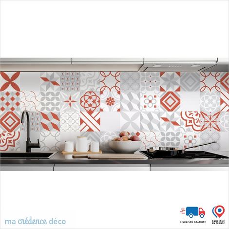 Crédence : Carreaux ciment gris et couleurs - Couleur Rouge saumon - Alu composite - 60 - 120 (1/3)