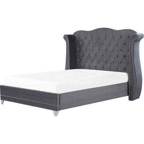 Letto in Velluto Grigio Testiera Alta Stile Chesterfield 160 x 200 cm Ayette