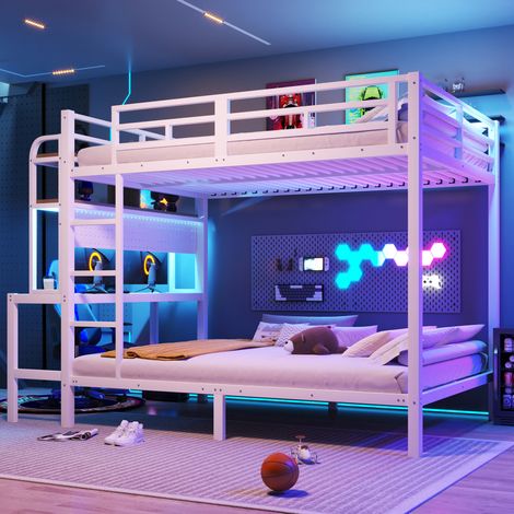 Lit superposé enfant 140x200 cm en métal blanc avec bureau, rangements et LED – couchage (1/5)