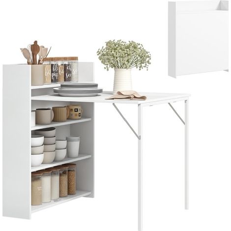 Table de cuisine pliable avec étagères sur 4 niveaux. Design moderne et épuré en couleur blanche pour un intérieur pratique (1/5)