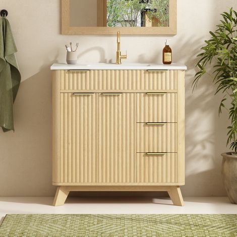 Freistehender Waschtisch mit Unterschrank und Keramikbecken, 3 Schubladen & Doppeltür, 81x47x90 cm, Holzoptik mit Wellenmuster (1/5)