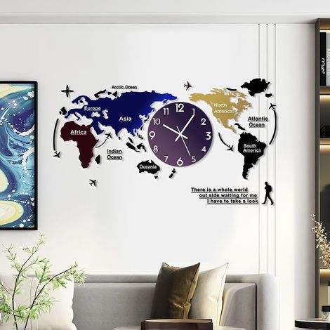 Horloge Murale Acrylique Carte du Monde 3D Grandes Horloges Murales Modernes Surveillez Le Salon Chambre Mur De Fond De Canapé Décoration De Maison(30x14cm)