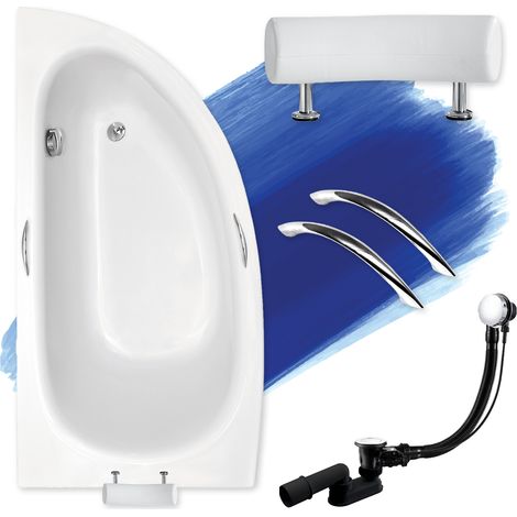 Baignoire Bain d'angle 150x70 Gauche + poignée + appui-tête, Siphon de bain et pieds (support) - Set 5en1 - Fabriqué en UE - BADLAND MILENA PREMIUM