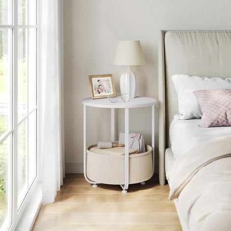 WOLTU Mesa de centro redonda de lona, ​​mesita de noche, mesa de centro para sala, mesa auxiliar para sofá, mesa baja, sala de estar, estructura metálica, blanco+beige (1/5)