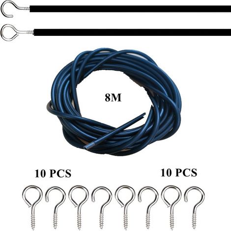 Corde à ressort noire de 8 mètres avec œillet, 10 crochets en forme de point d'interrogation, ensemble de 10 pièces (1/5)