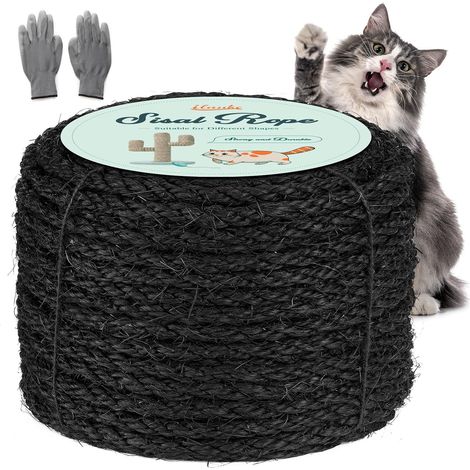Corde en Sisal Naturelle Noire, 8mm x 60M - 1 Paire de Gants de Protection Corde Arbre à Chat Noir- Réparation et Remplacement de Chat Scratch Pilier Déco de Bricolage (1/5)