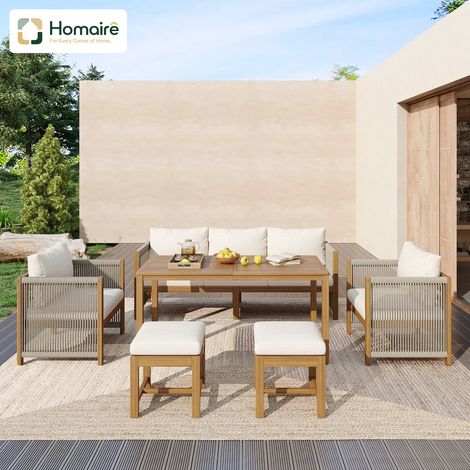 HOMAIRE Set de mobilier de jardin : table à manger, canapé 3 places, 2 fauteuils individuels, 2 tabourets, plateau en acacia, beige