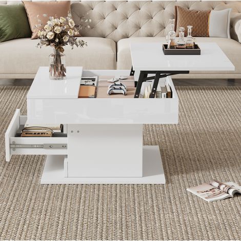 Table basse relevable 70x70x45 cm blanche en panneau de particules avec rangement dissimulé et plateau pivotant (1/5)
