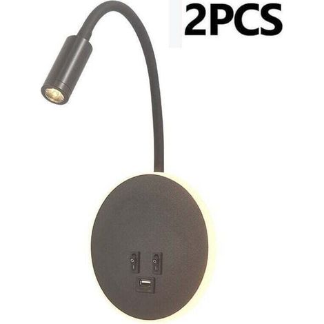 Lámpara de lectura de pared con puerto de carga USB e interruptor independiente, aplique LED de cuello de cisne flexible, luz de lectura de mesilla para sala de estar, dormitorio o cabecero (Negro, 2 