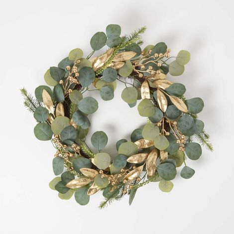 HOMESCAPES Green & Gold Eucalyptus Christmas Wreath, 56 cm (1/5)