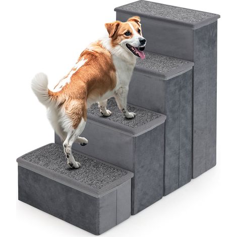 COSTWAY 4-Step Dog Stairs Non-slip Foldable Dog Ramp with Adjustable Steps-Grey (1/5)