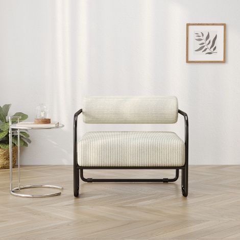 Ce fauteuil lounge moderne est doté d'un dossier élégant revêtu de velours côtelé doux et encadré d'une structure en métal noir. Son design minimaliste le rend idéal pour les salons, les chambres ou l (1/5)