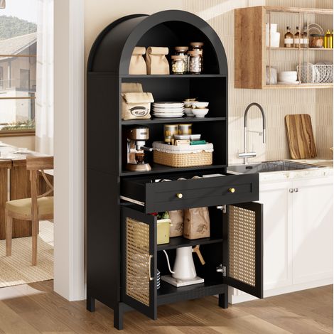Buffet vitrine 70x40x170 cm en panneaux de bois, noir et bois, avec rangement pour salon FloraGrace (1/5)