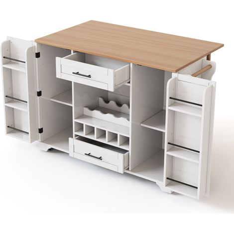 Carrello da cucina con piano ribaltabile, 138x70x92 cm, bianco e naturale, MDF (1/5)