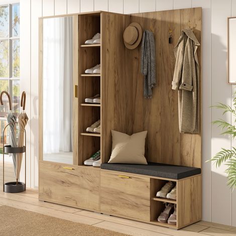 Guardaroba ingresso con appendiabiti estensibile, barra appendiabiti estensibile, 4 ganci, panca, nero e naturale, 160x38x180 cm (1/5)