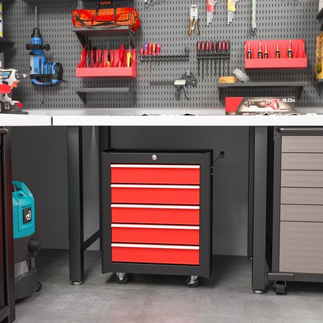 Coffre à outils, armoire à outils sur roulettes, 5 tiroirs, tôle d'acier, noir et rouge (1/5)