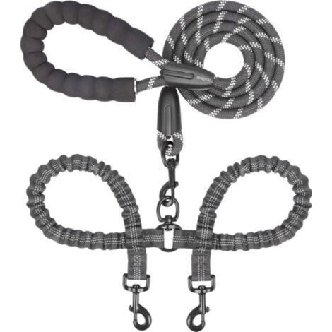 Laisse double pour chien – Pivotante à 360°, anti-emmêlement, avec élastique absorbant les chocs pour deux chiens (grande, 25 à 150 lb, noire) (1/5)