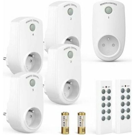 Paquete de 5 enchufes eléctricos programables, enchufes inalámbricos con control remoto que incluyen 2 mandos a distancia y 2 pilas, alcance de control de 30 m en áreas abiertas, función de encendido/ (1/4)