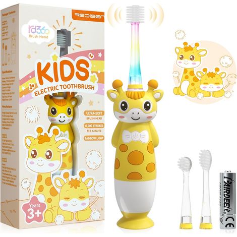 Electric Toothbrush for 1-6 Years, Sonic Baby Toothbrush with Colorful LED Light, 3 Soft Replacement Heads, Smart Timer, IPX7 Waterproof, 1 AAA Battery (Yellow Giraffe) (1/5)