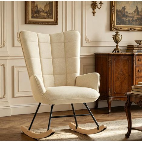 Sedia a dondolo beige in velluto e legno massello con schienale alto ergonomico (1/4)