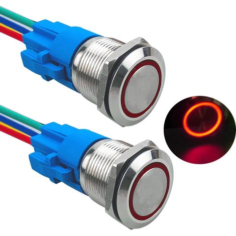 2 Pièces 19 mm Commutateur Bouton-Poussoir Momentané, 12V / 24V 5A Interrupteur à Bouton-Poussoir en Acier Inoxydable Étanche IP67, avec Prise Pré-Câblée (LED Rouge) (1/5)
