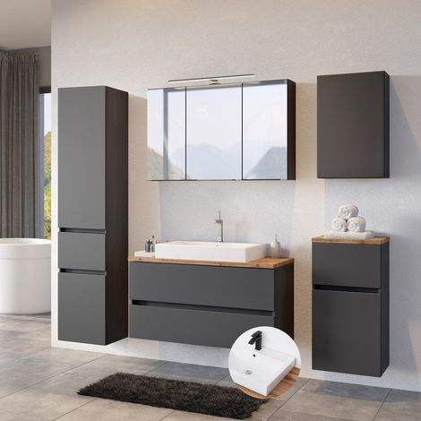 Badezimmer Set Komplett inkl. Keramik-Aufsatzbecken PESARO-03 in matt grau mit Absetzungen in Wotaneiche Nb., B/H/T: ca. 220/200/48 (1/5)