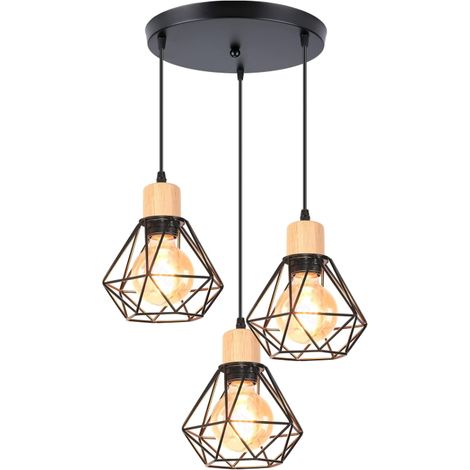 3 Lampes Suspension Luminaire Industrielle Métal Bois Lustre Plafonnier Style Cage Géométrique Éclairage E27 Lampe de Plafond Vintage pour Chambre (1/4)