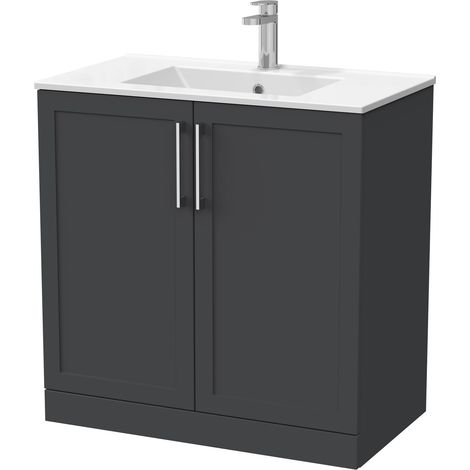Stonnall Traditional Floor Standing 2 Door Vanity Unit with Minimalist Ceramic Basin, 800mm, Dark Grey (1/4)