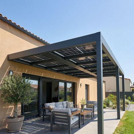Pergola solaire photovoltaïque HELIOLITE (Gris anthracite RAL 7016 - 12 panneaux 6000 W - 6.934 x 4.00 m)