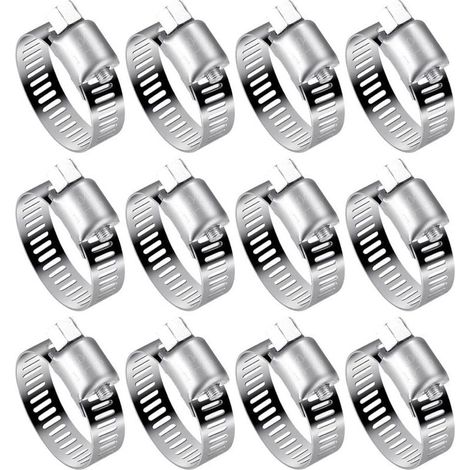 Juego de 12 abrazaderas de manguera ajustables (16-25 mm) de acero inoxidable 304 para tuberías de agua, tanques de gasolina y mangueras automotrices. (1/4)