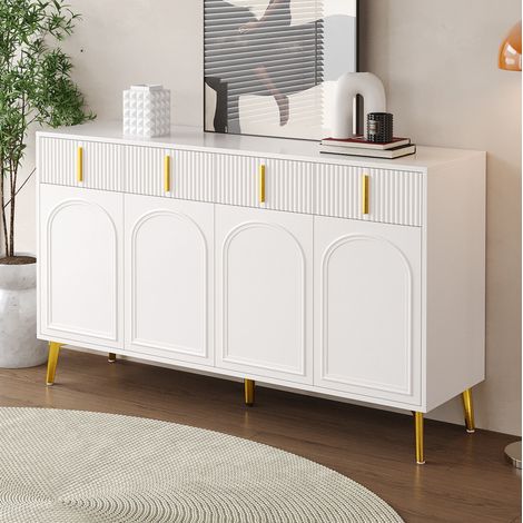 Aparador 4 puertas y 4 cajones 140 x 38 x 82 cm en MDF blanco con tiradores y patas doradas HAVRYA (1/5)
