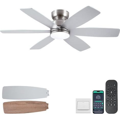 Ventilateur de plafond 117 cm avec lumière, télécommande et APP, bas profil, 3 températures de couleur dimmables, 6 pales réversibles double face 6 vitesses pour chambre et salon, nickel (1/5)