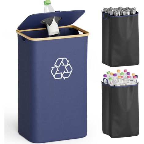 Poubelle de recyclage pour cuisine, 100 l, avec couvercle et 2 sacs intérieurs réutilisables, pour bouteille, verre, plastique, autocollants, bleu (1/5)