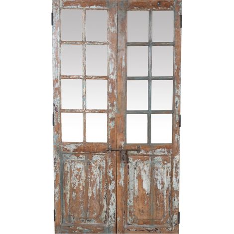 Porte d'entrée en bois massif et fer forgé pour intérieur ou extérieur, ancienne et médiévale, avec vitrage (1/4)