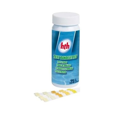 Bandelettes de test pour analyse eau piscine et spa – 25 unités – Analyse pH, chlore, brome, alcalinité, dureté – HTH (1/5)