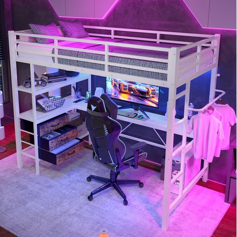 letto salvaspazio 90x200 con scrivania LED bianco OKMYHOME (1/5)