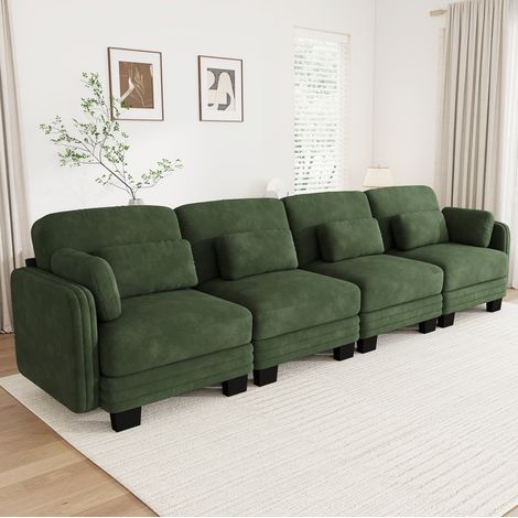 MODFU – Canapé droit modulaire 4 places 330x88x88 cm chenille – Coussins lombaires et accoudoirs – Mousse 28D et charge 600 kg – Salon – Vert (1/5)