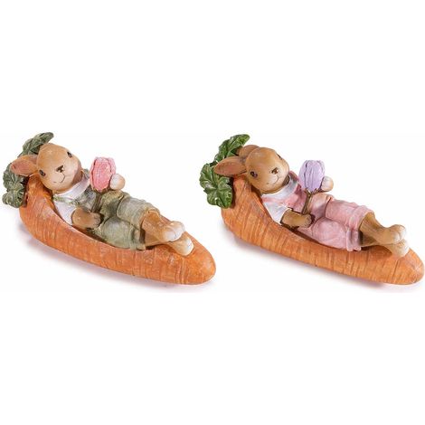 Coniglietti pasquali decorativi in resina colorata sdraiato su carota con fiore, set da 4 pezzi, cm 15,5 x 5,5 x 6,5 H
