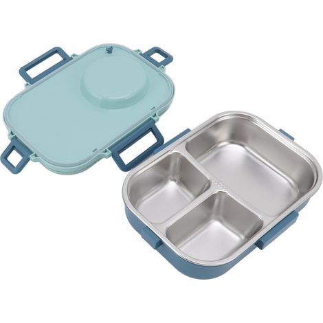 Isolierte Lunchbox mit 1100 ml Fassungsvermögen, zwei Fächern und drei weiteren Fächern, aus Edelstahl 304, inklusive Essstäbchen, Löffel und Suppenschüssel, blau. (1/5)