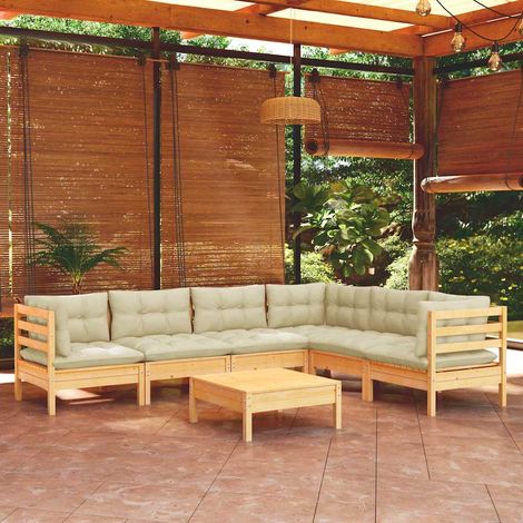 vidaXL Muebles de jardín 7 pzas y cojines madera maciza de pino crema (1/5)
