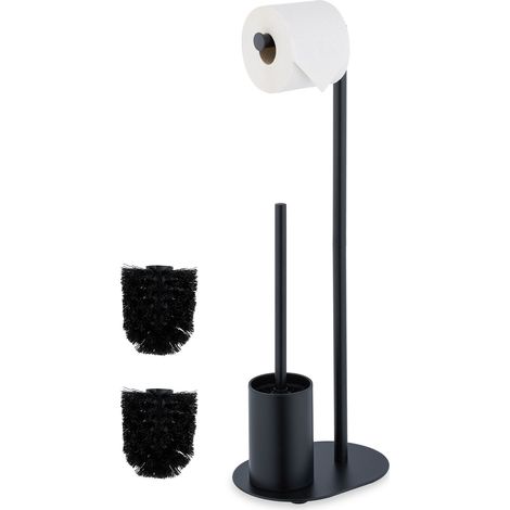 Relaxdays Toilet Roll Holder and Brush Set, Metal, HxWxD 63 x 23 x 17 cm, Freestanding Bathroom Paper Stand, Black