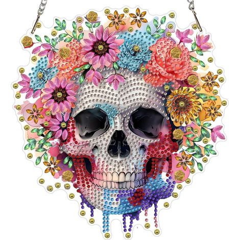 Diamond Painting Anhänger Totenkopf Blumen, Doppelseitiges Fensterbild zum Aufhängen, 20x20cm