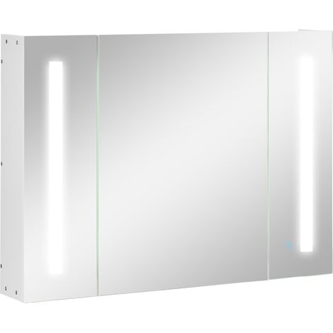 Armoire de salle de bain avec miroir, 3 placards, 3 étagères et éclairage LED  dimensions : 90 x 15 x 65 cm  blanc. (1/5)