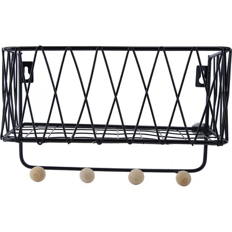 Étagère de rangement murale en fer avec crochets pour la maison, le salon, la chambre à coucher (noir) (1/4)
