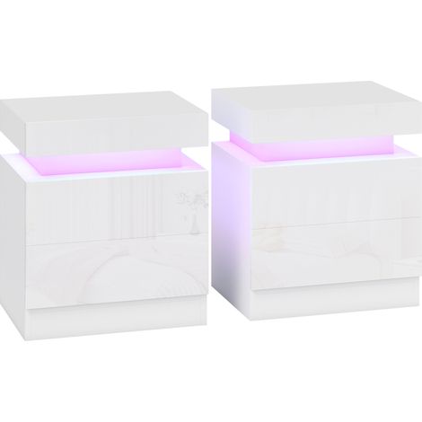 Set 2 Comodini 45x35x52 cm LED a 16 Colori e 4 Modalità con 2 Cassetti in Legno Bianco Lucido (1/5)