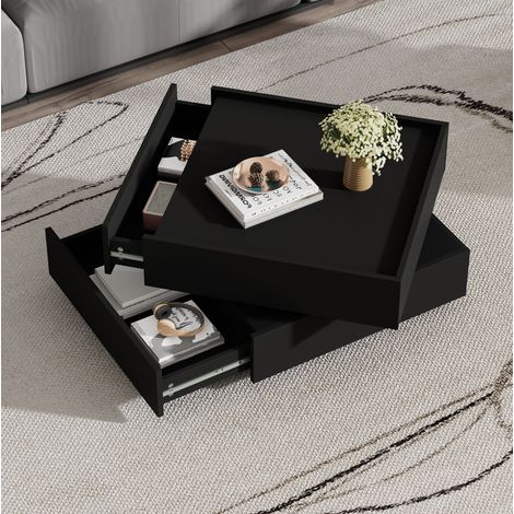 Tavolino da salotto fisso 60x60x38 cm con piano girevole a 360°, 2 cassetti, in truciolare, nero (1/5)