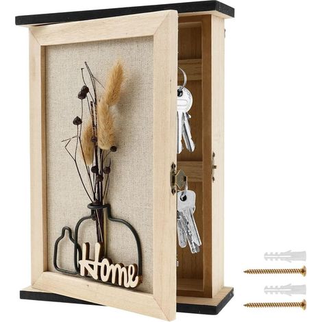 1 - Boîte à clés - Porte-clés mural - Rangement avec 6 crochets - Design fleurs séchées et bois - Pour entrée et salon - Marron - 20x6x27cm (1/5)