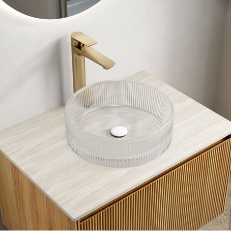 Aufsatzwaschbecken rund aus transparentem Kristallglas 36 cm, Waschschale mit Streifenstruktur (1/5)